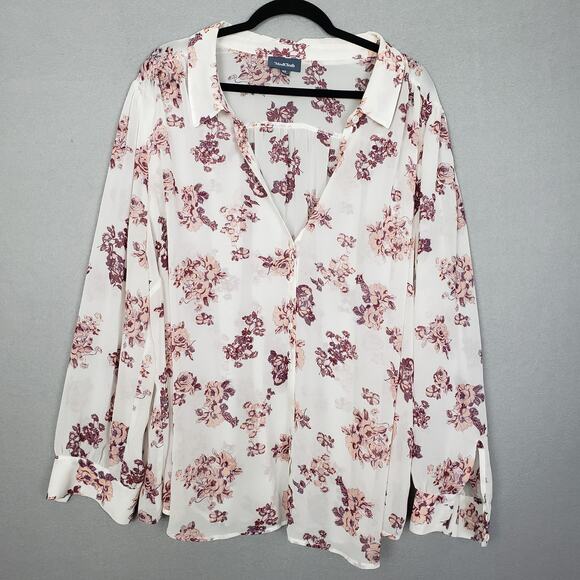 ModCloth Plus Size 4X Sheer Long Sleeve Button Up Top Cream Pink Floral Western - Picture 1 of 7